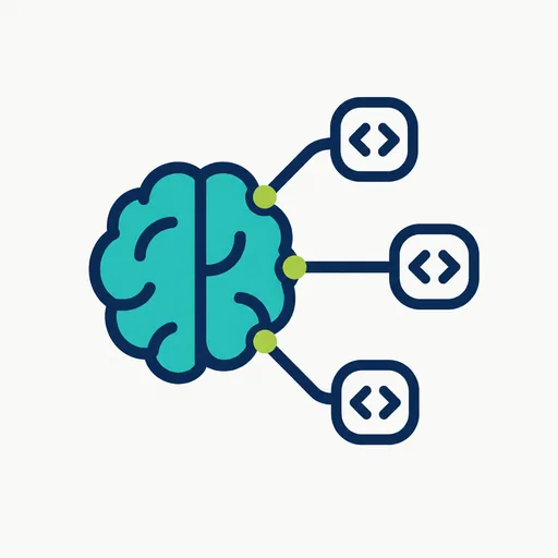 A brain linked to three code brackets.
