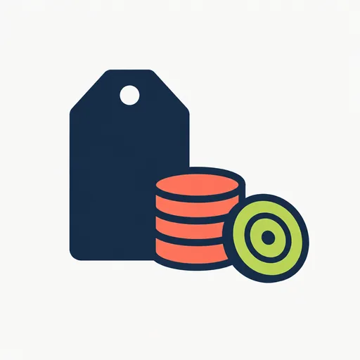 A price tag beside a stack of coins and a token chip.