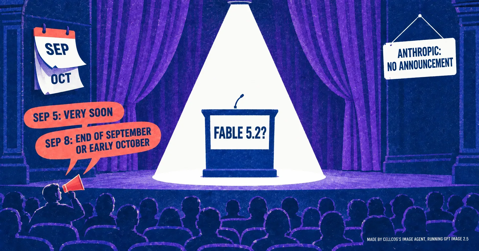 Editorial illustration of an empty stage under a spotlight with a podium placard reading Fable 5.2 with a question mark, a figure in the audience with a coral megaphone and two speech ribbons reading Sep 5 very soon and Sep 8 end of September or early October, a wall calendar turning from Sep to Oct, and a hanging sign reading Anthropic no announcement