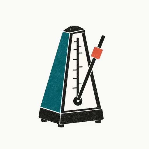 A pyramid-shaped metronome with its pendulum swung to one side and a coral weight: the release rhythm.