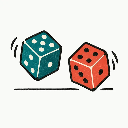 Two dice mid-roll on a tabletop, one teal and one coral: the markets are pricing a guess.