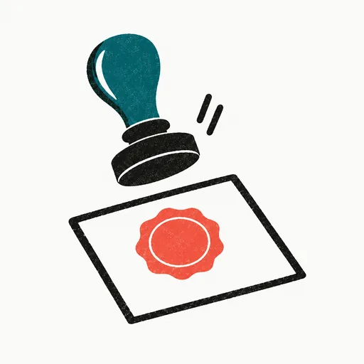 A rubber stamp lifted above a page carrying a fresh coral seal: the five marks that would make it official.