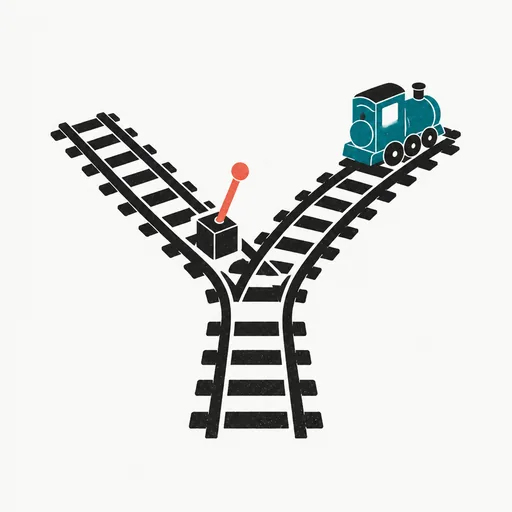 A railway track splitting at a switch with a small teal locomotive taking the new branch: a routing decision on release day.