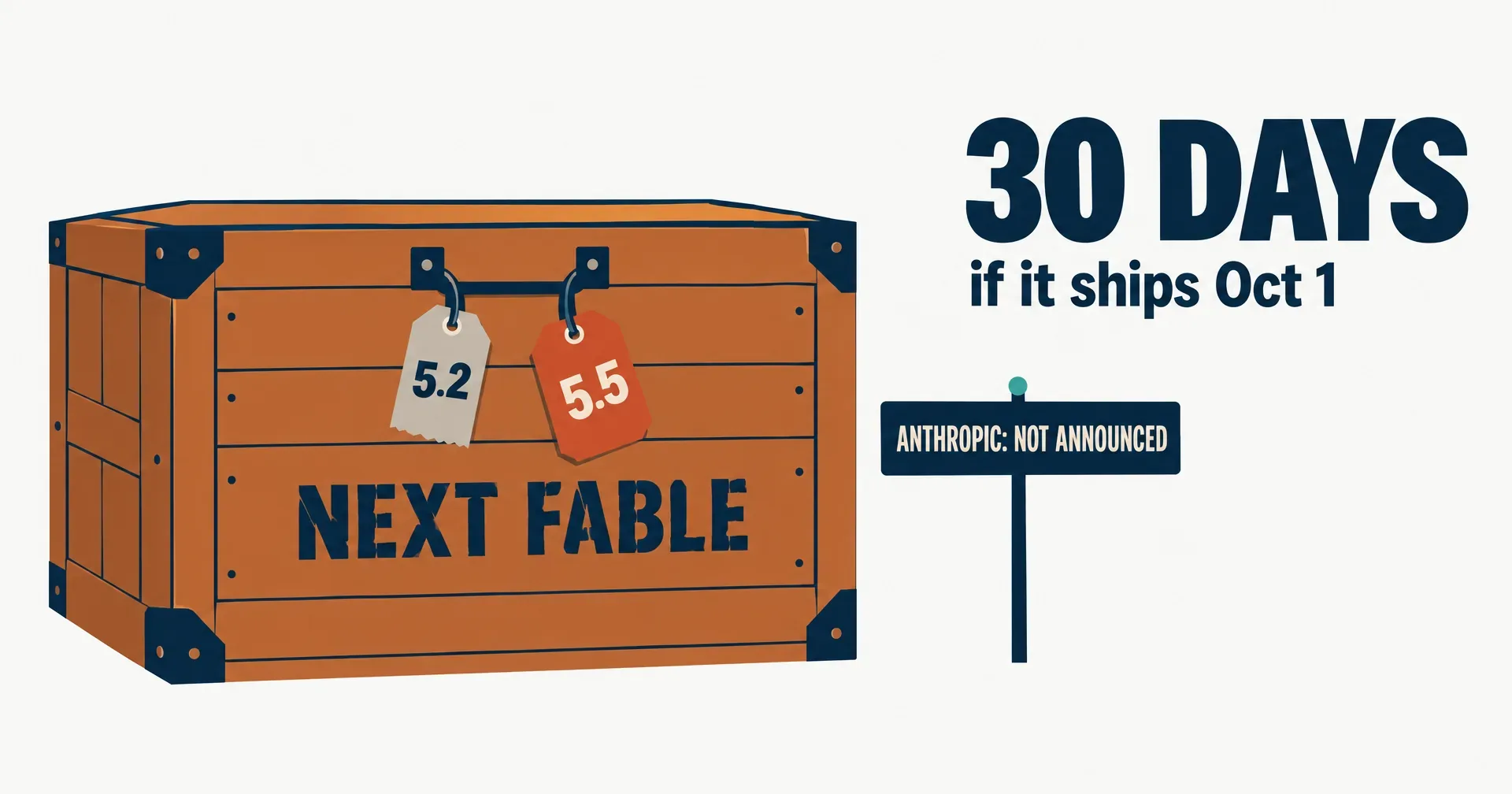 Editorial data illustration on a near-white ground: a wooden shipping crate labeled NEXT FABLE with a torn tag reading 5.2 and a fresh tag reading 5.5, a small sign reading ANTHROPIC: NOT ANNOUNCED, and a huge number 30 DAYS