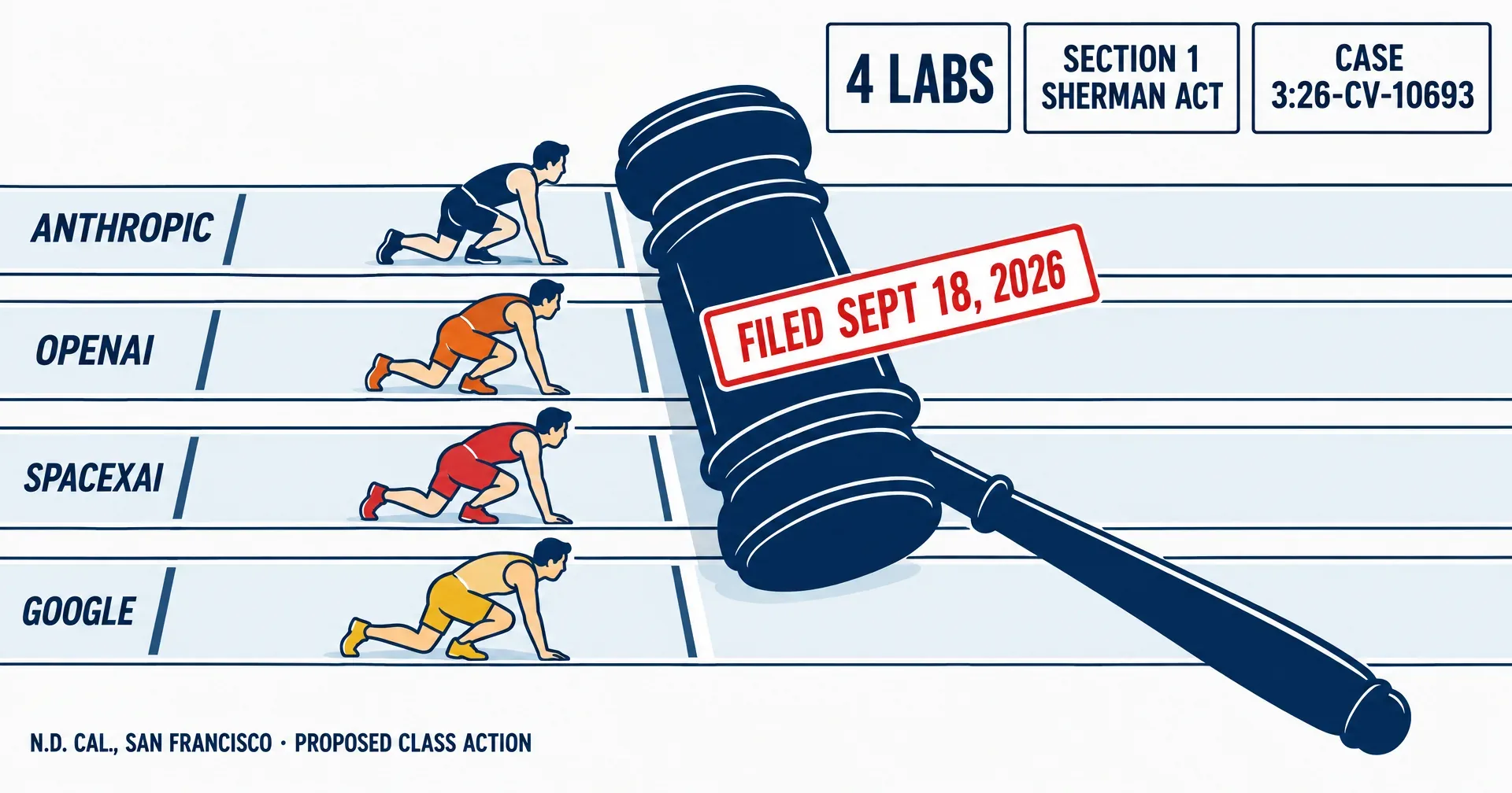 Editorial infographic on a near-white ground: four race lanes labeled ANTHROPIC, OPENAI, SPACEXAI and GOOGLE seen from above, a large navy judge's gavel laid across all four lanes at one line, a red stamp reading FILED SEPT 18, 2026, and three stat cards reading 4 LABS, SECTION 1 SHERMAN ACT and CASE 3:26-CV-10693