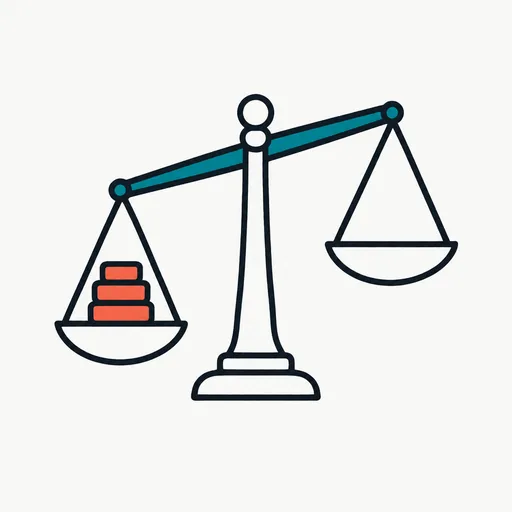 A balance scale with three identical weights stacked on one side: treble damages.