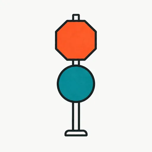 A red stop sign and a green go sign on one post: slow down in public, ship in private.