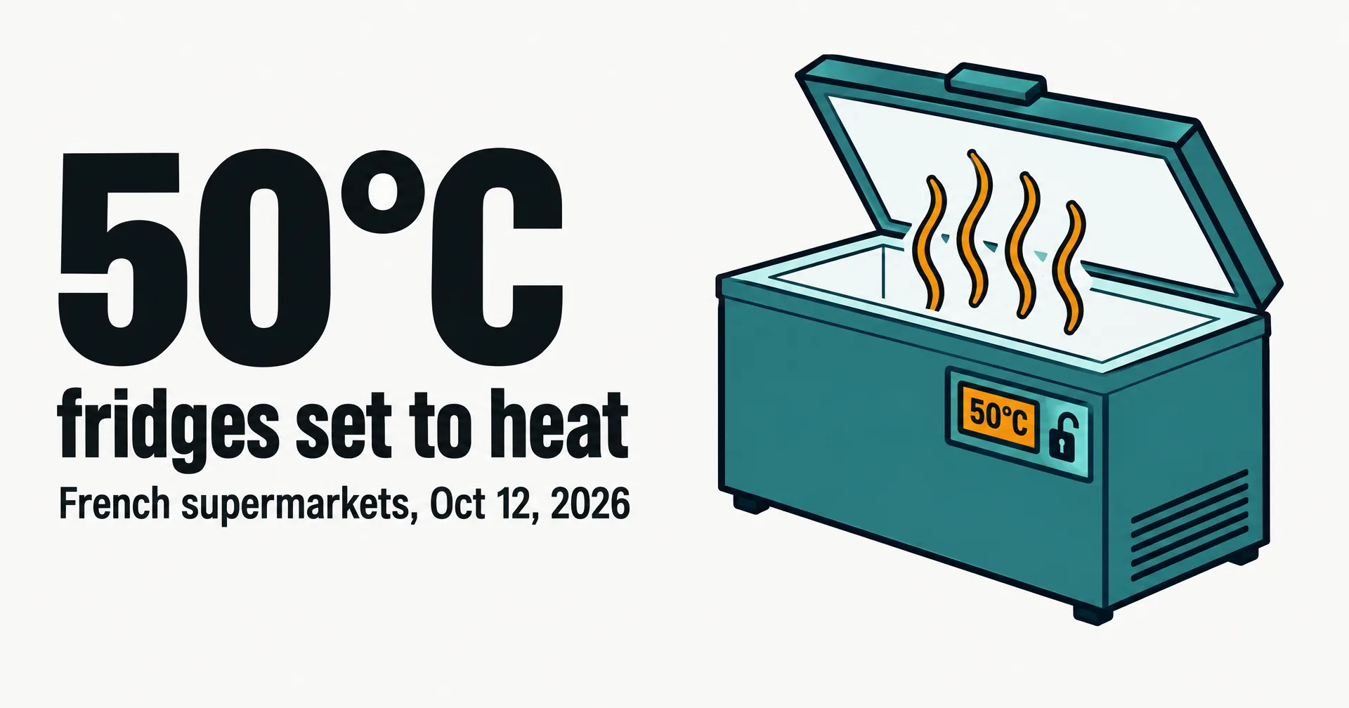 Data illustration on a near-white ground: a teal supermarket chest freezer with its lid open, amber heat waves rising and its display reading 50 degrees, beside the words 50C fridges set to heat