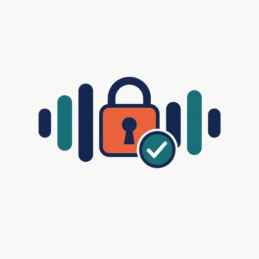A sound wave passing through a padlock with a check mark: a voice copied only with consent.