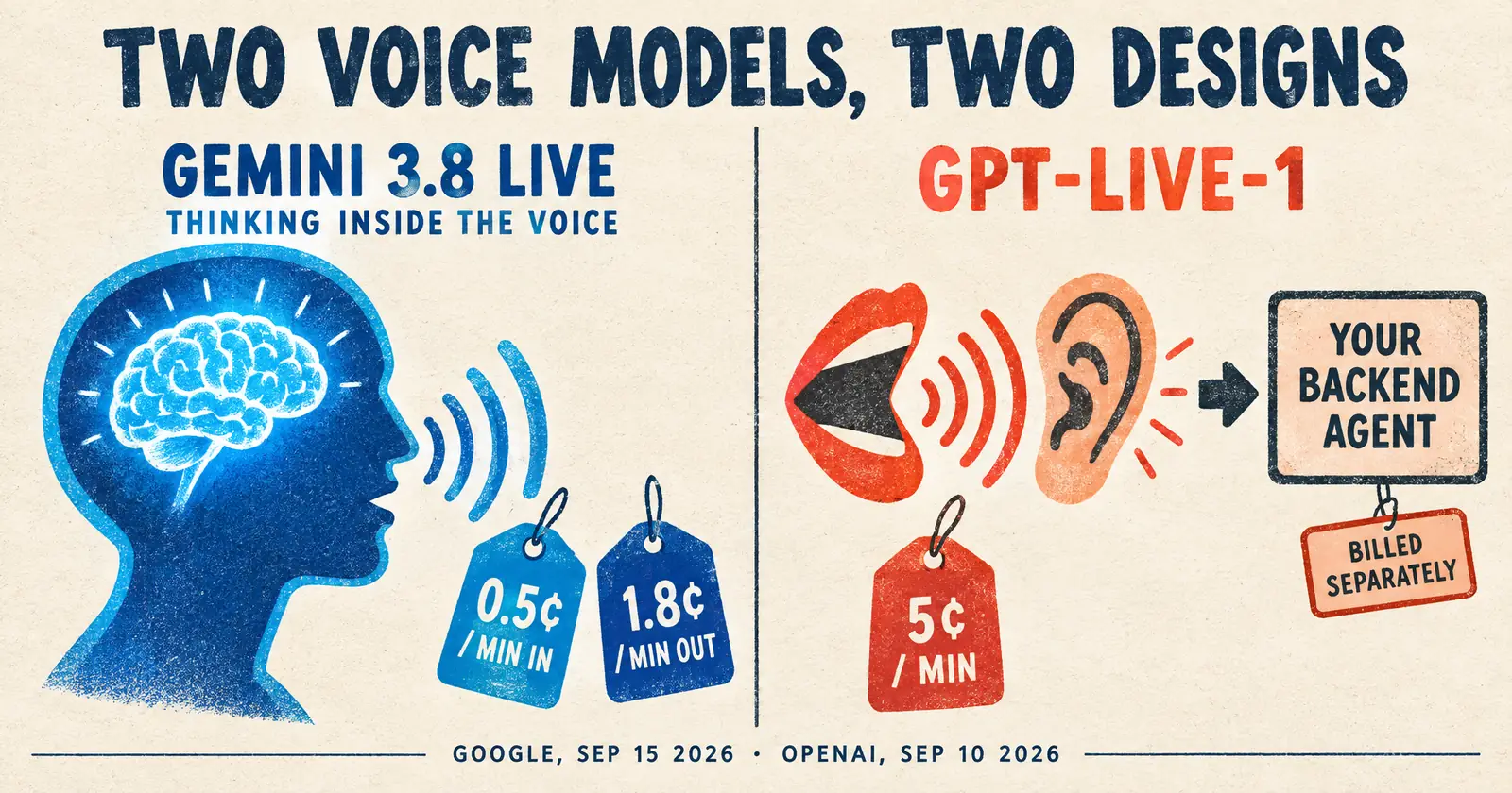 Editorial infographic titled Two voice models, two designs: on the left a Gemini-blue speaking head with a small brain drawn inside it labeled Gemini 3.8 Live, thinking inside the voice, 0.5 cents a minute in and 1.8 cents out; on the right a mouth-and-ear icon labeled GPT-Live-1, 5 cents a minute, with an arrow to a separate box labeled your backend agent, billed separately
