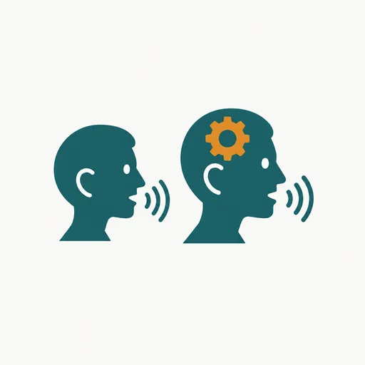 Two speaking heads side by side, one plain and one with a small gear drawn inside the head: the pair of models.