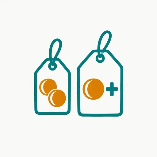 A price tag with two small coins on it beside a price tag with one large coin and a plus sign: two rates against one rate plus extra.
