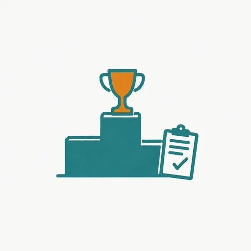 A podium with a trophy on the top step and a clipboard leaning against it: benchmark placings.