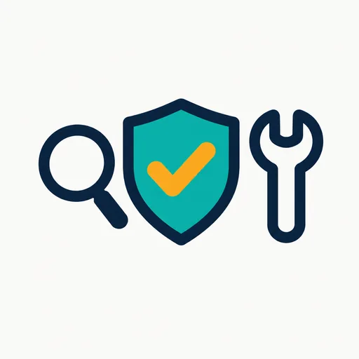 A teal shield with a check, between a magnifying glass and a wrench.