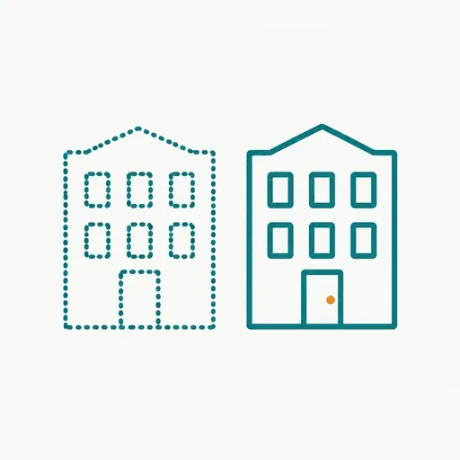 Two identical building outlines side by side, one drawn dotted and one solid: a fictional company with a real company's name.