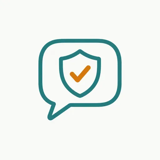A shield with a checkmark inside a speech bubble: the company's statement.