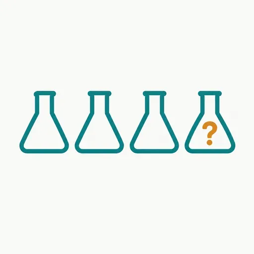 Four small lab flasks in a row, the fourth marked with a question mark: the fourth lab to confirm.