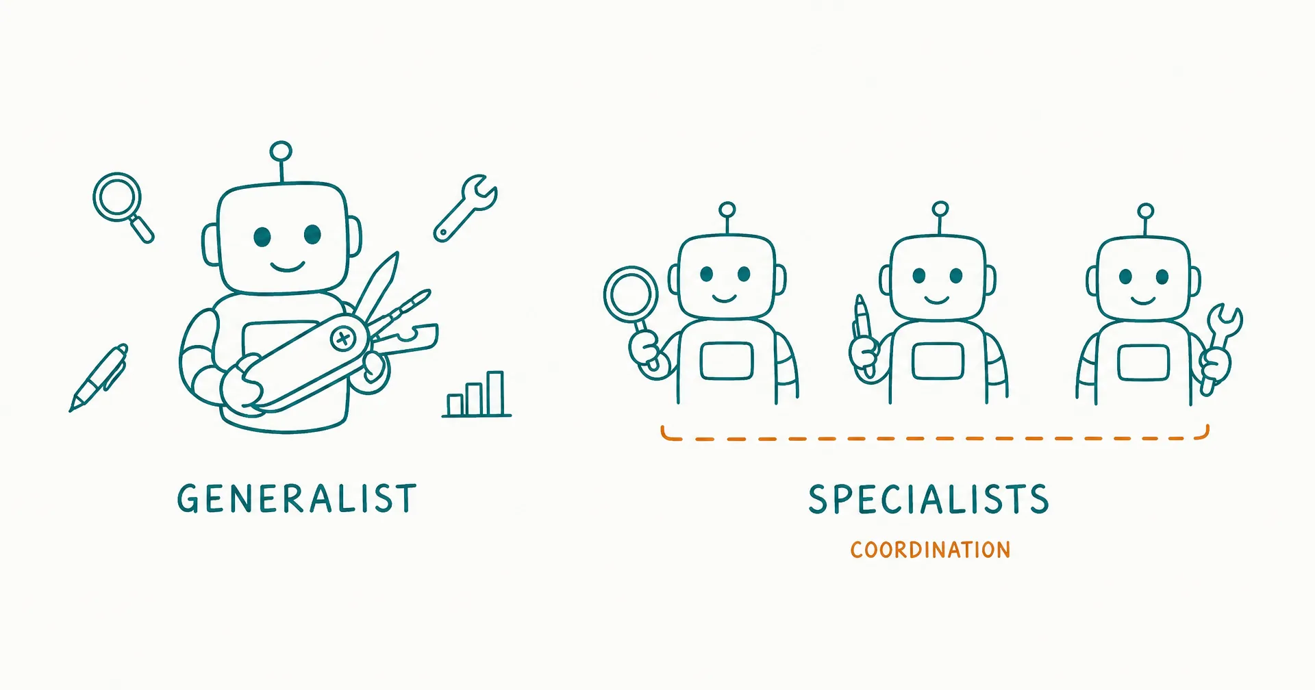 Napkin-style sketch of one large multi-tool agent figure on the left and a row of three small single-tool specialist figures on the right, with an amber coordination line connecting the specialists