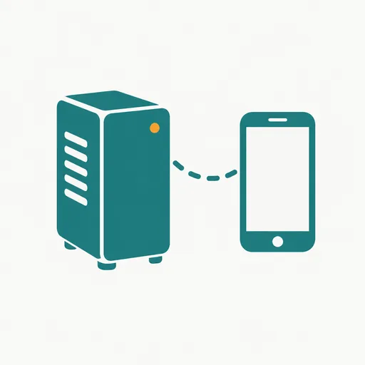 A tower computer joined to a phone by a dashed line: a computer you reach from your phone.