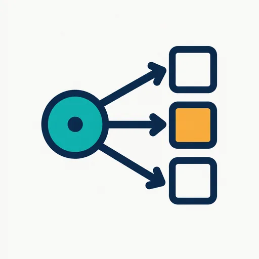 A round dispatcher node sending three arrows to three boxes, the middle one amber.