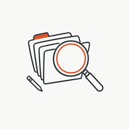 A large magnifying glass over a stack of files beside a very small pencil.