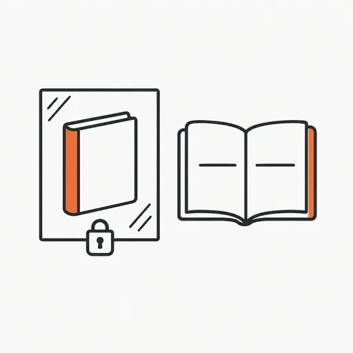A locked test book behind glass, and a notebook where the same lesson is written twice and underlined.
