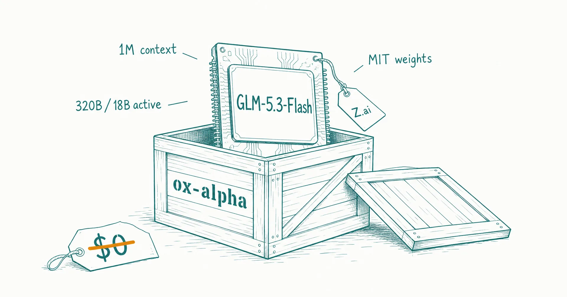 Hand-drawn sketch of an opened mystery crate labeled ox-alpha with a chip labeled GLM-5.3-Flash rising out of it, a Z.ai name tag, a crossed-out zero-dollar price tag, and labels reading 1M context, 320B / 18B active, and MIT weights