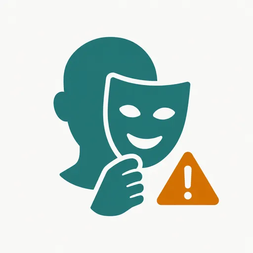 A mask held over a face with a warning sign: alignment faking.