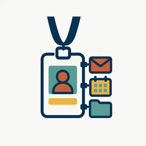 An ID badge with an envelope, a calendar page and a folder clipped to it: an agent with its own work identity.