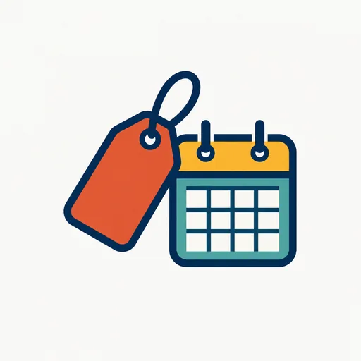 A blank price tag next to an unmarked calendar page: no price and no date yet.