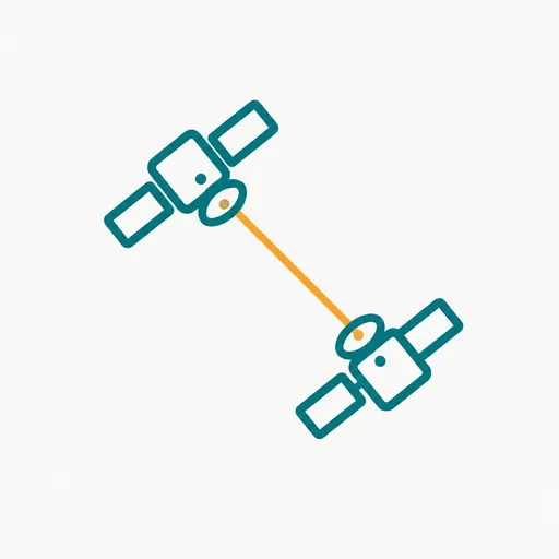 Two satellites joined by a thin amber beam: the 2027 laser-link test.