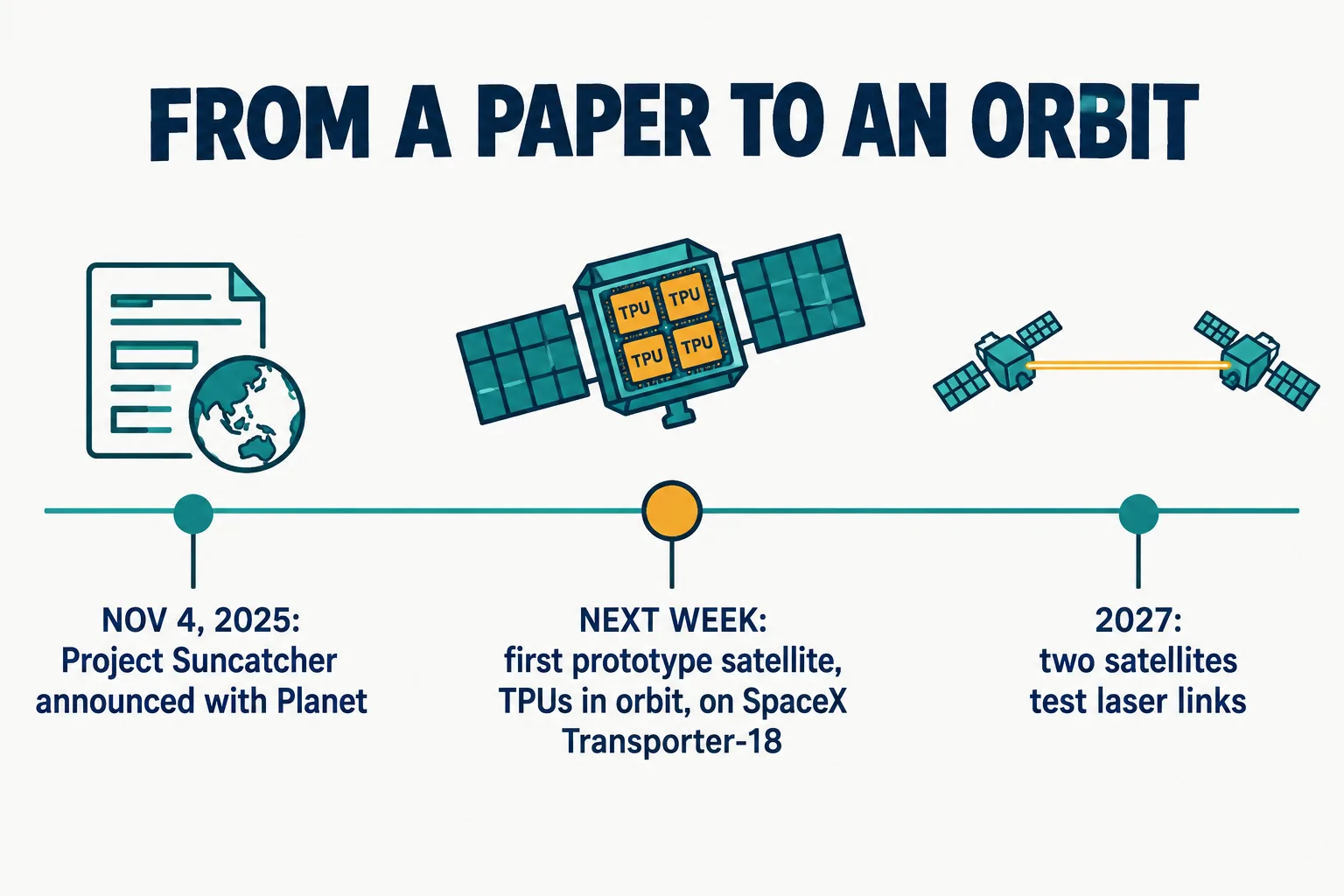 Infographic timeline titled From a Paper to an Orbit: November 4 2025, Project Suncatcher announced with Planet; next week, first prototype satellite with TPUs on SpaceX Transporter-18; 2027, two satellites test laser links