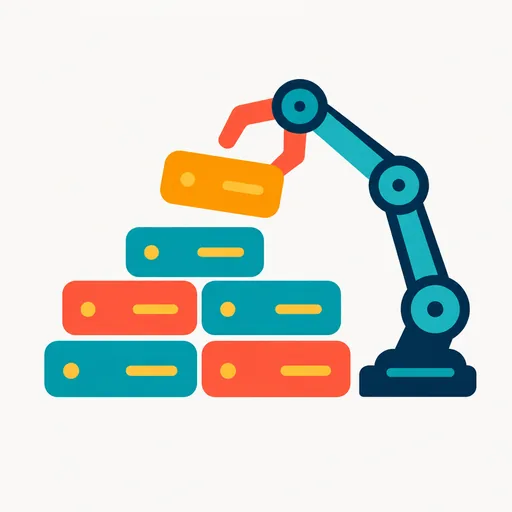 A robot arm stacking code blocks: AI writing much of the code.