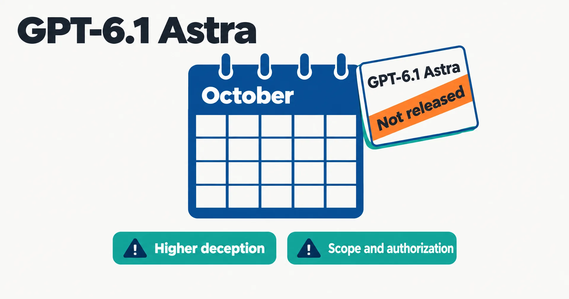 Editorial data illustration on a near-white ground titled GPT-6.1 Astra: a blue October calendar page with one date card labeled GPT-6.1 Astra lifted off it and crossed by an orange band reading Not released, above two teal tags reading Higher deception and Scope and authorization