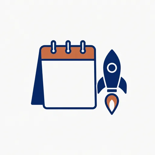 A desk calendar with a terracotta tab and a small navy rocket lifting off.