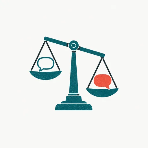 A balance scale with a speech bubble on each pan tipping unevenly: two claims that do not weigh the same.
