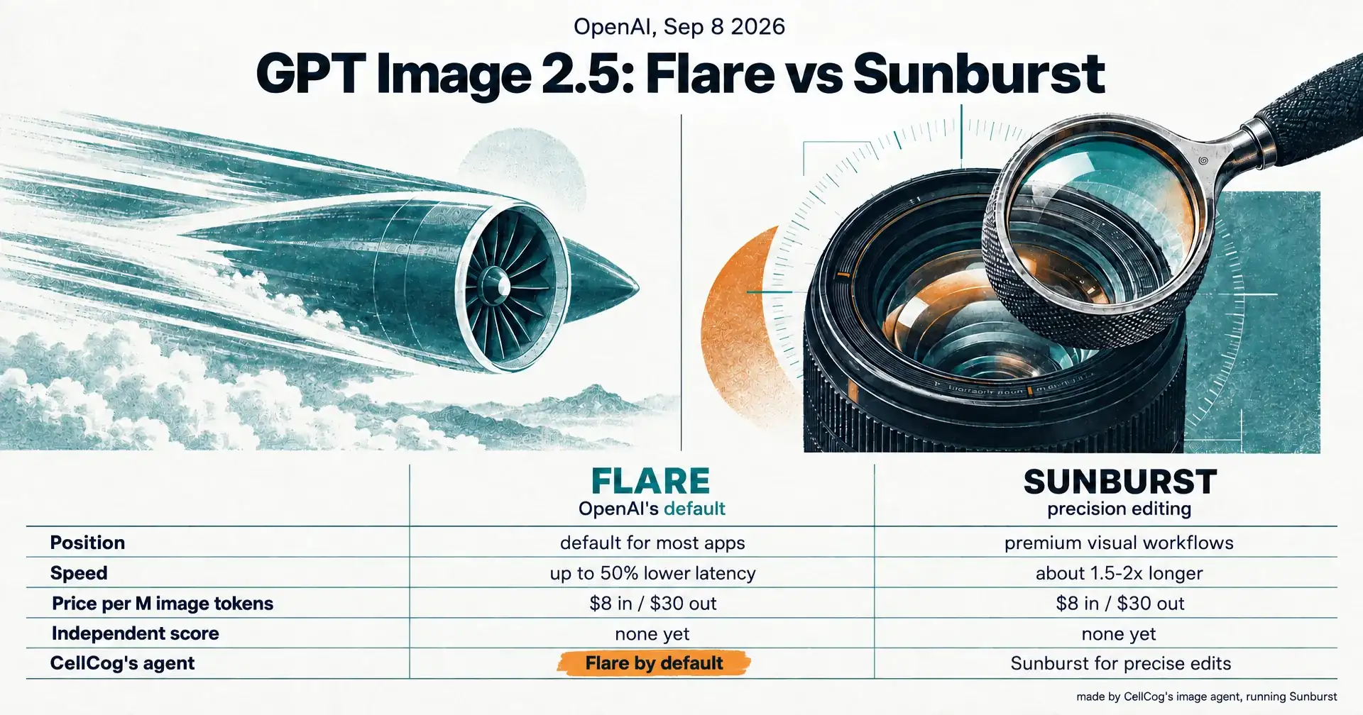 Editorial illustration of a teal jet engine for Flare and a jeweler's loupe over a camera lens for Sunburst, above a scoreboard comparing position, speed, price and independent score, with CellCog's agent choosing per request and Flare as its default highlighted in amber