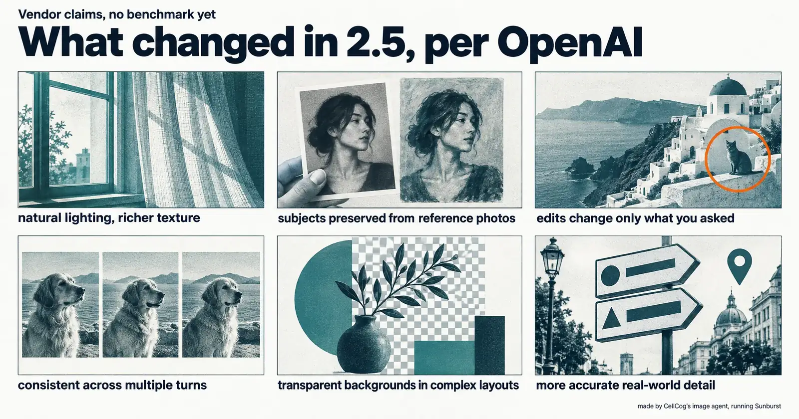 Six-panel grid illustrating natural lighting, subject preservation, targeted edits with an amber circle, multi-turn consistency, transparent backgrounds and real-world detail