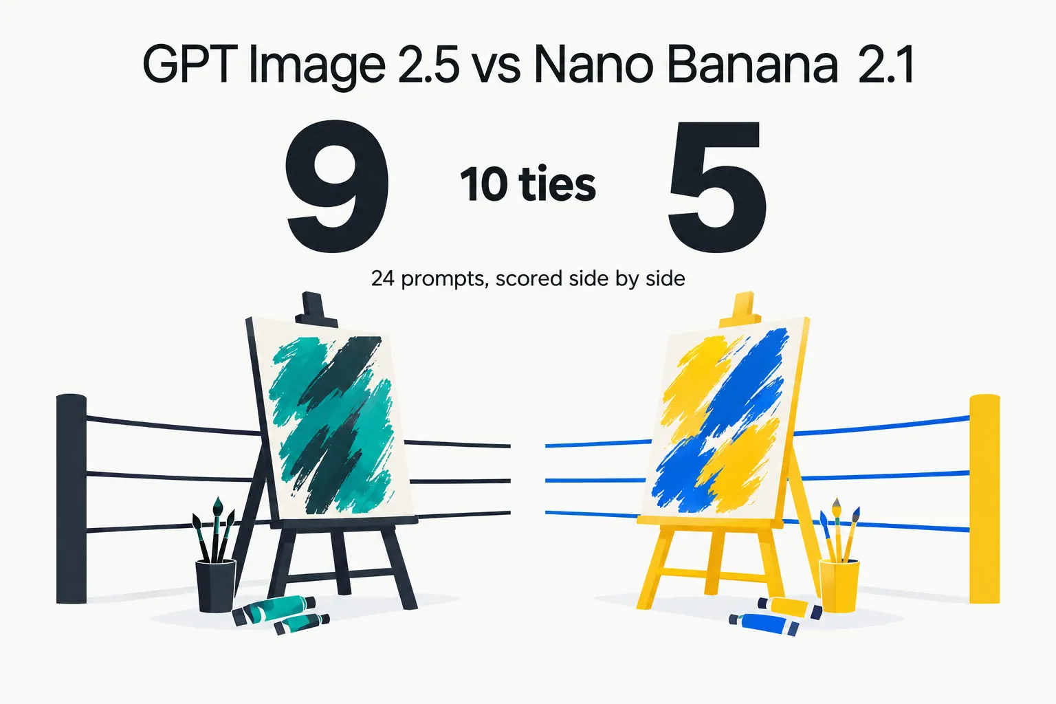 Data illustration on a near-white ground: two easels facing each other inside a boxing ring, a scoreboard reading 9, 10 ties and 5, titled GPT Image 2.5 vs Nano Banana 2.1