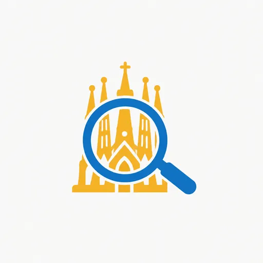 A magnifying glass over a cathedral: looking things up.