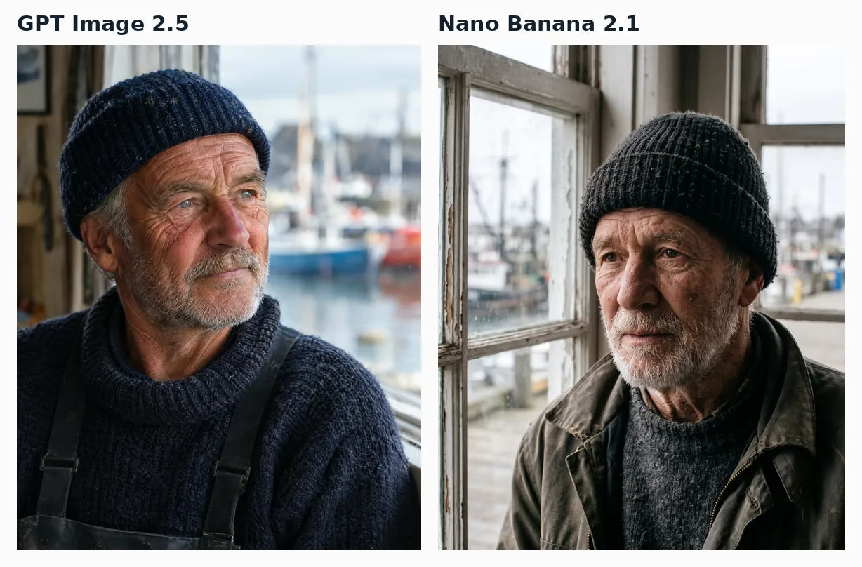 Two portraits of an old fisherman in a knit cap by a harbour window, one from each model