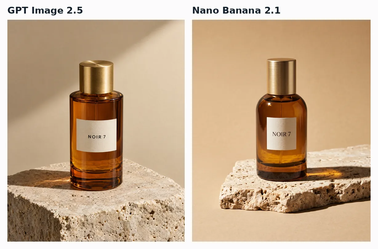 Two amber perfume bottles labelled NOIR 7 on travertine, with shadows falling in opposite directions