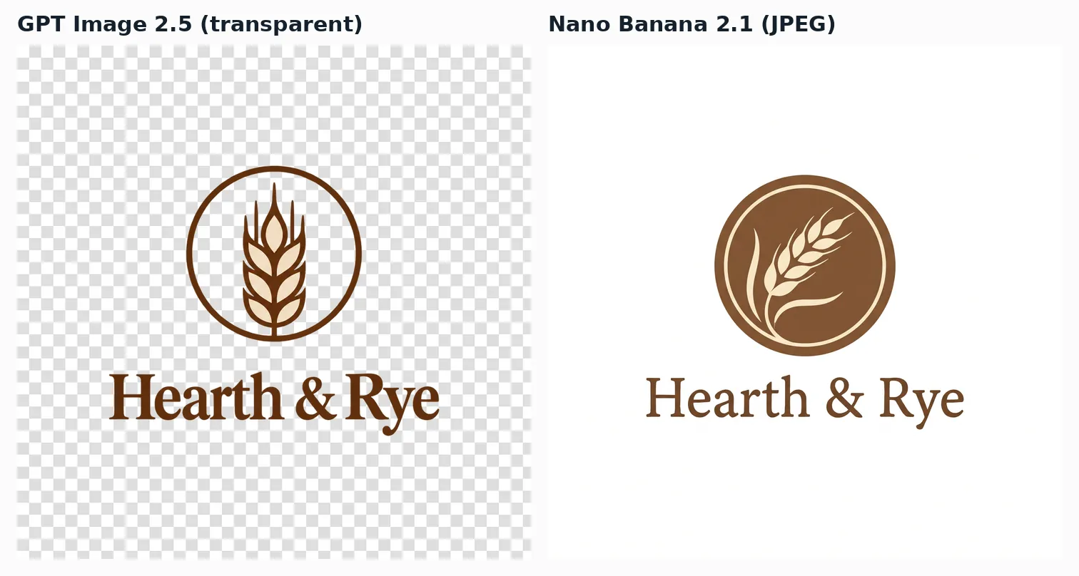 The Hearth and Rye bakery logo from each model, GPT's on a transparency checkerboard and Nano's on solid white