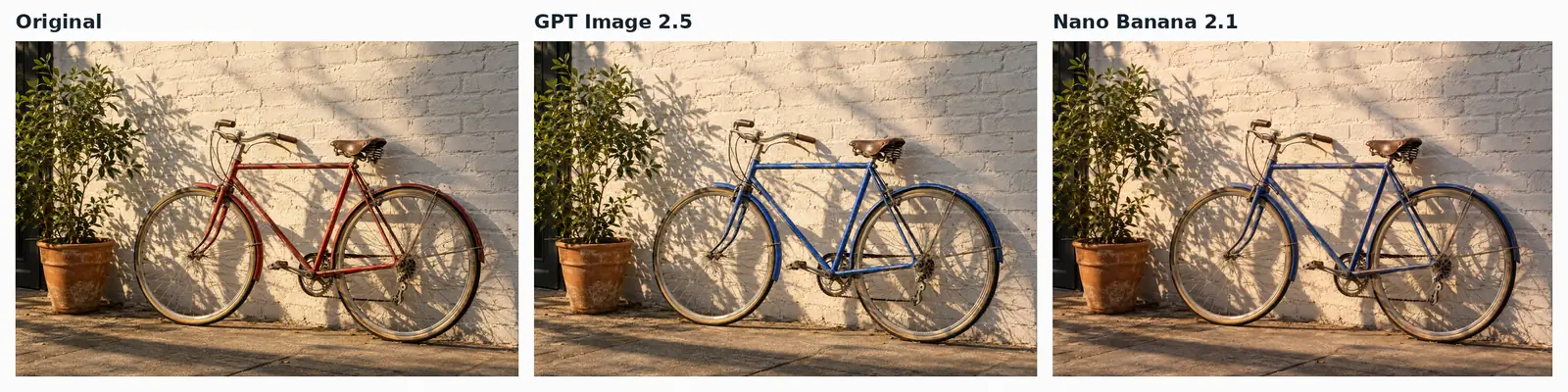 An original photo of a red bicycle and the two edits that recolour its frame to cobalt blue