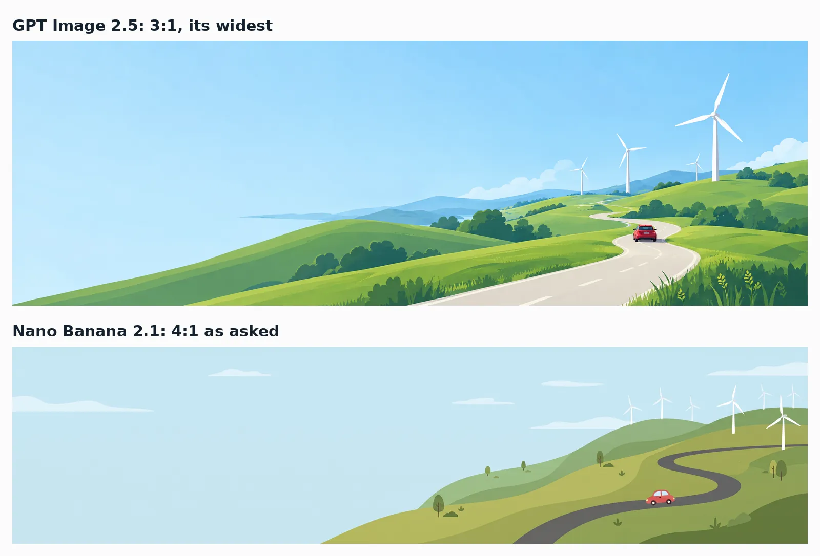 Two banners of green hills, a red car and wind turbines, the lower one visibly longer and thinner