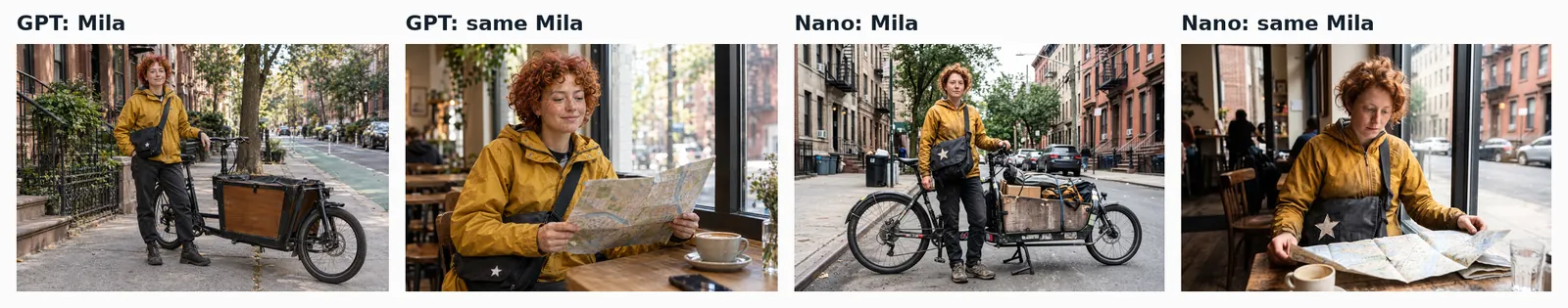 Four images of a red-haired bike courier in a mustard jacket, two scenes from each model