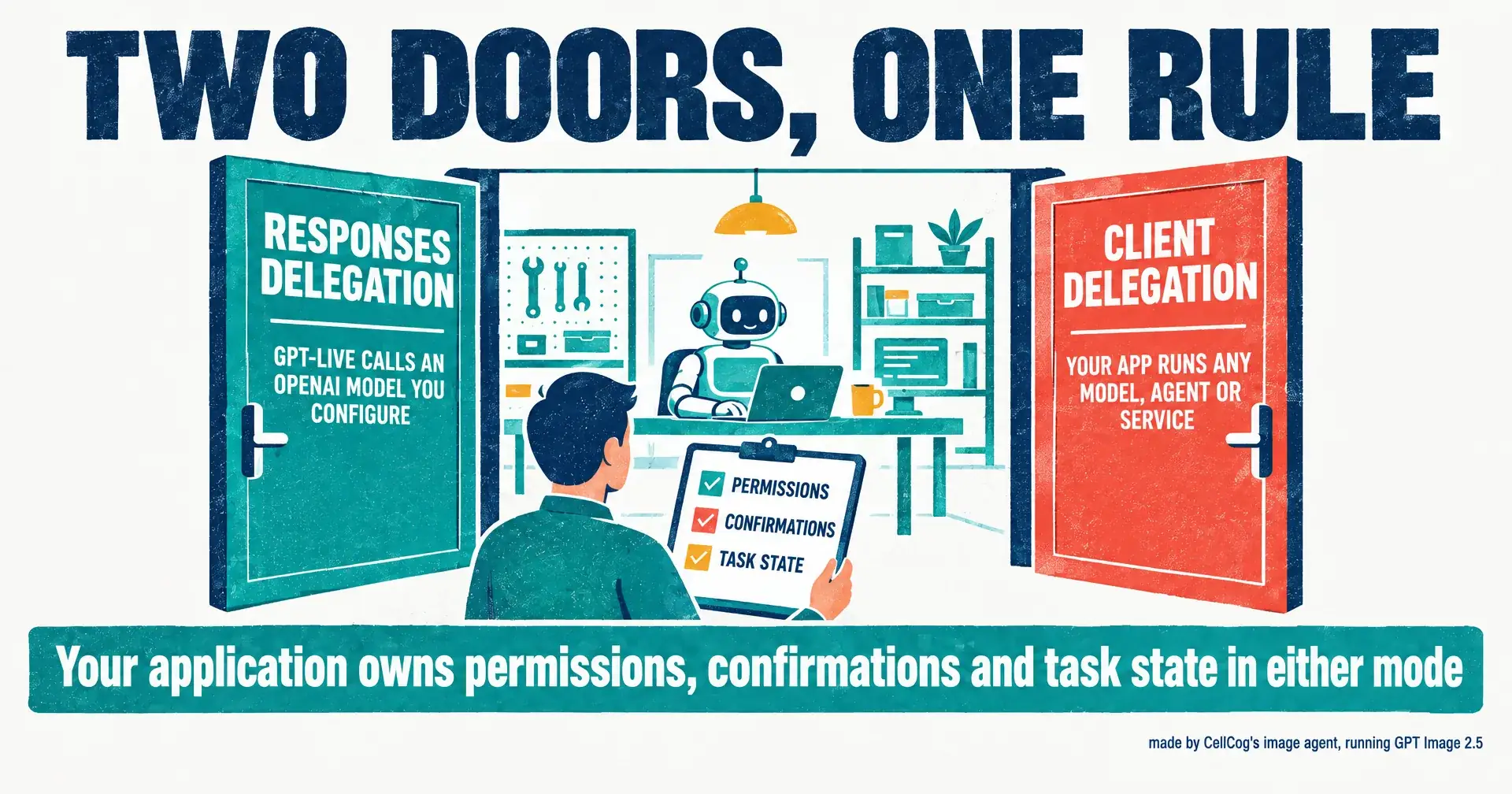 Illustration of two doors labeled Responses delegation and client delegation opening onto the same backend room, with a clipboard listing permissions, confirmations and task state held by a person