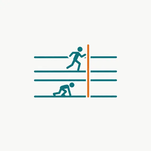 Two runners in adjacent lanes, the first stopped at a line while the second is already lined up behind.