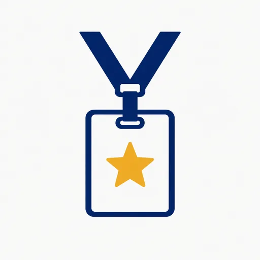 A navy name badge with a small star.