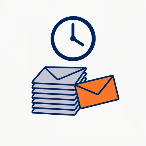 A clock above a stack of envelopes with one orange envelope pulled out.